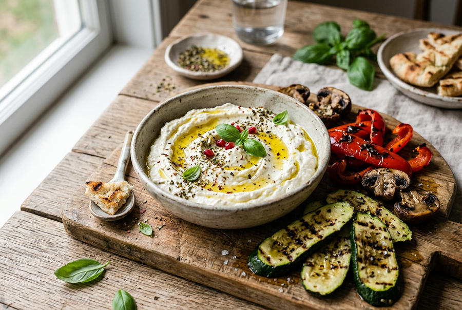 Cremiger Schafskäse-Dip in einer Schale mit Olivenöl und Kräutern, daneben gegrillte Zucchini, Paprika und Champignons auf einem Holzbrett.