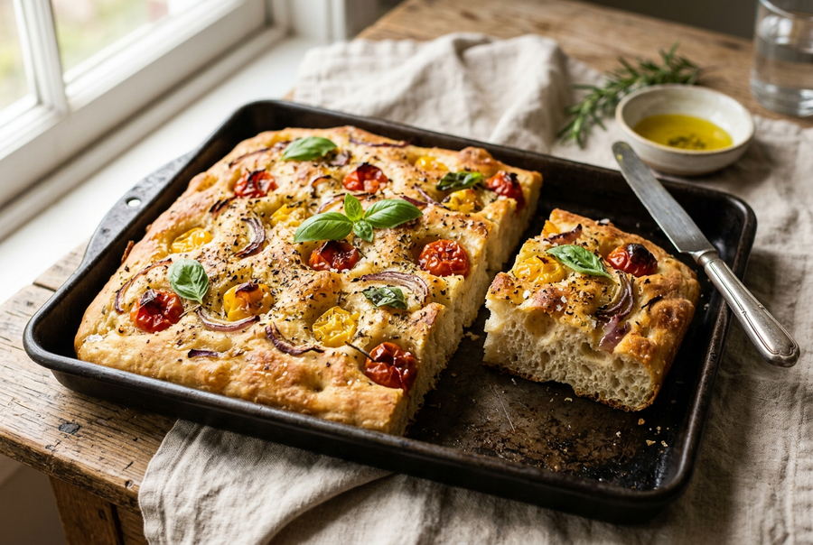 Frisch gebackene Focaccia auf einem Blech mit Kirschtomaten, roten Zwiebeln, Basilikum und mediterranen Gewürzen.