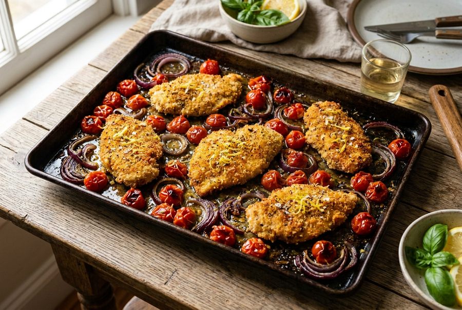 Putenschnitzel auf einem Blech mit gerösteten Kirschtomaten, roten Zwiebelringen und Zitronenabrieb im warmen Licht.