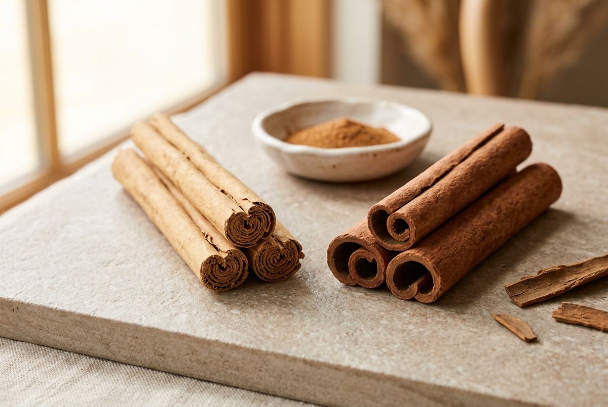 Ceylon- und Cassia-Zimtstangen nebeneinander auf einer hellen Steinfläche, daneben eine kleine Schale mit gemahlenem Zimt.