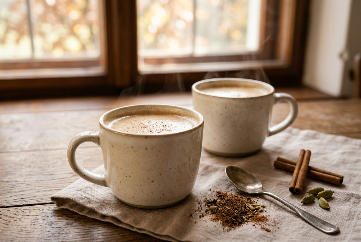 Zwei Tassen Chai Latte auf einem Holztisch mit Zimtstangen, Kardamom und Chai-Gewürzen im warmen Fensterlicht.