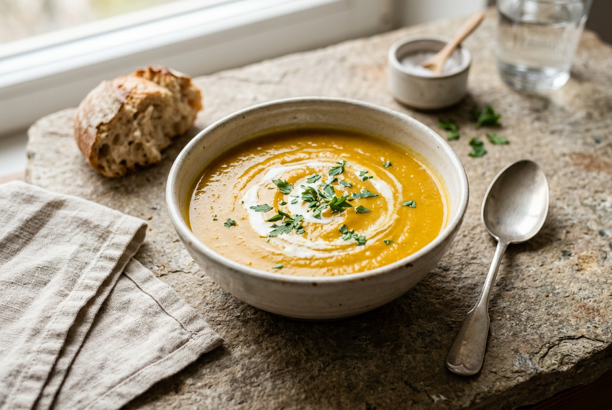 Orange Kürbis-Linsen-Suppe mit einem Kokosmilchwirbel und Petersilie in einer hellen Schale, daneben Brot und ein Löffel.