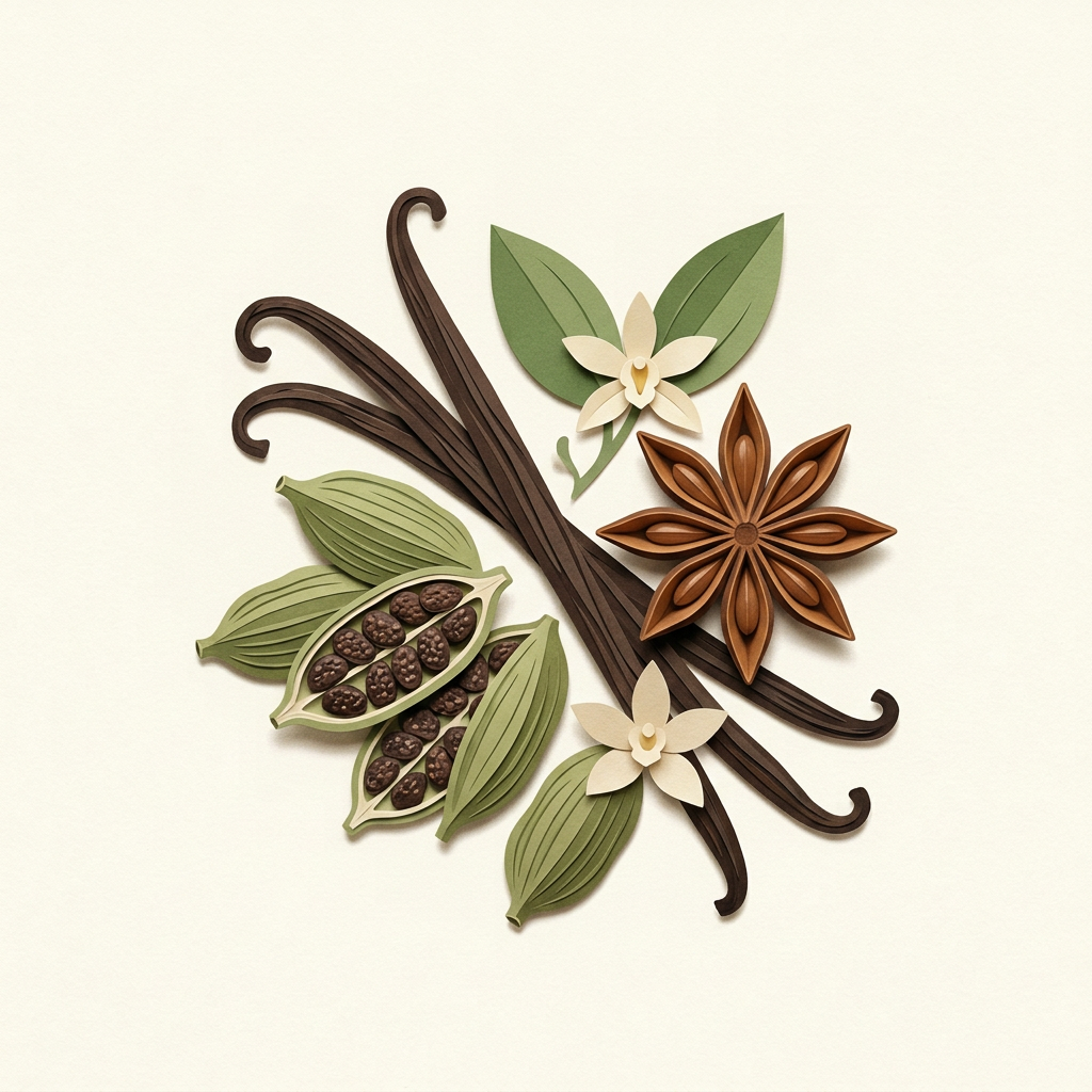 Botanische Illustration von Gewürzschoten und Kapseln