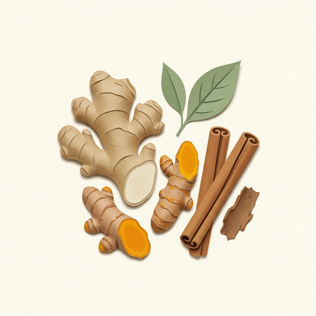 Botanische Illustration von Gewürzwurzeln und Zimtrinde