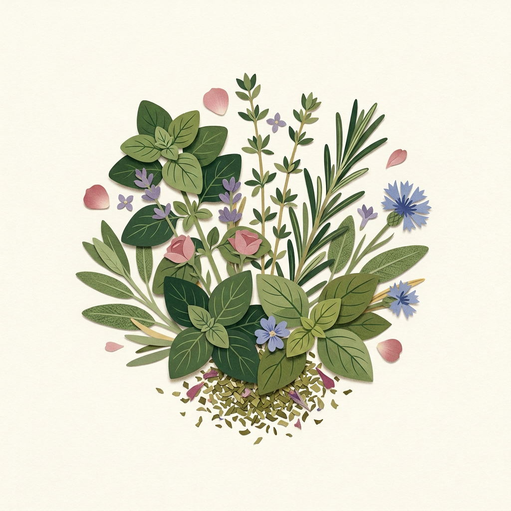 Botanische Illustration von Küchenkräutern und bunten Blüten