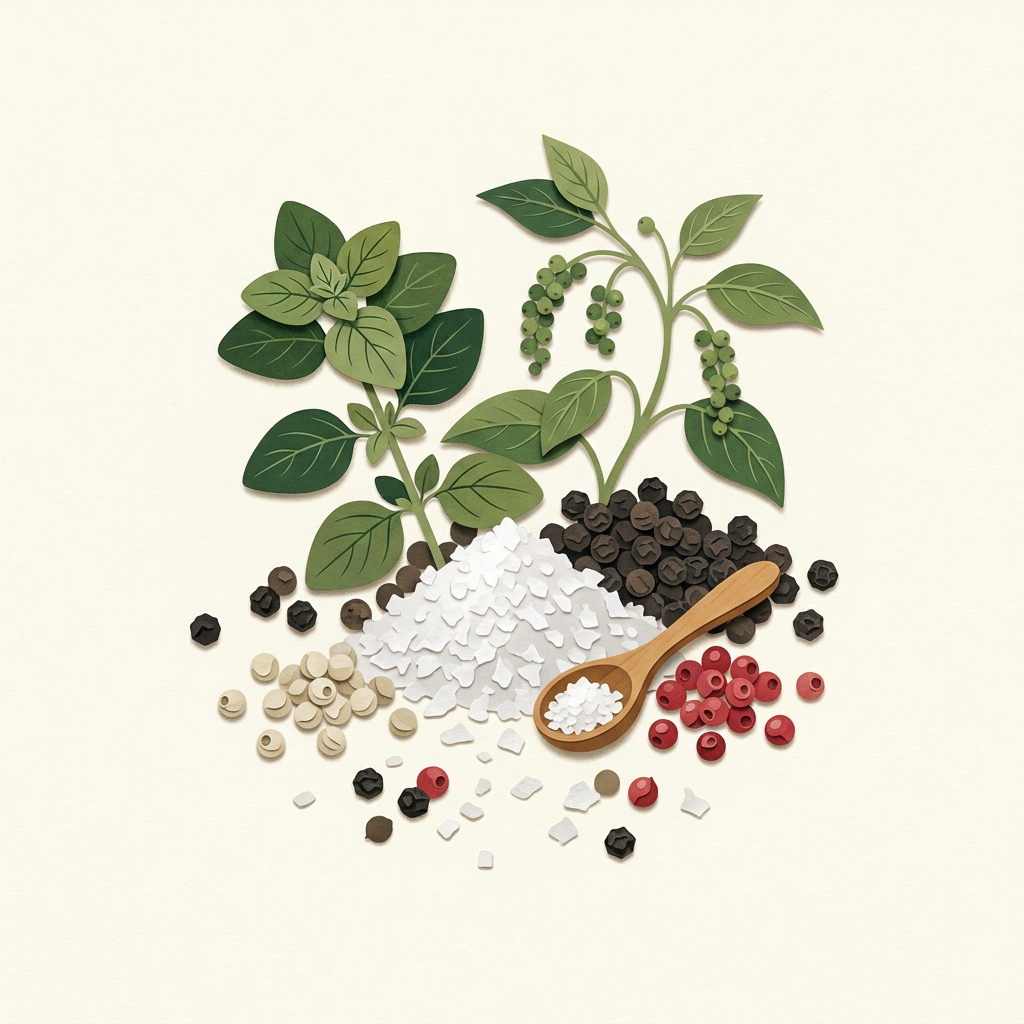 Botanische Illustration von Pfefferkörnern und Salzflocken