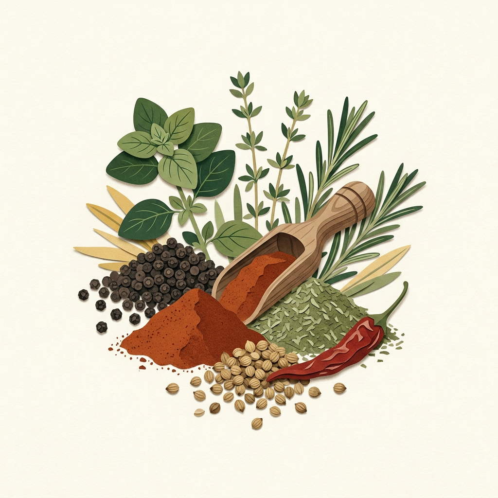 Illustration von Kräutern, Pfeffer, Chili und Gewürzpulver mit Holzschaufel
