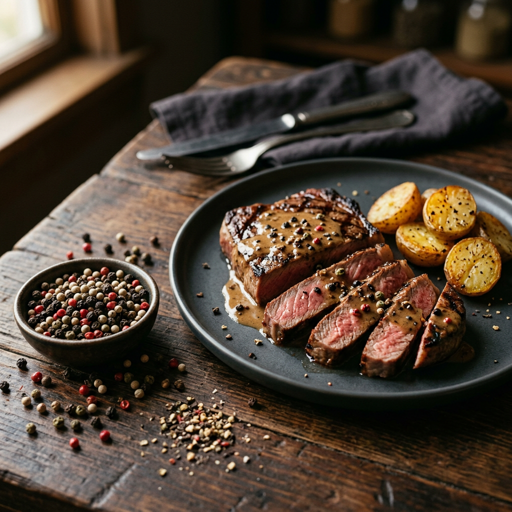 Anwendungsfoto Bunter Pfeffer Mix mit Steak und Pfefferrahmsauce