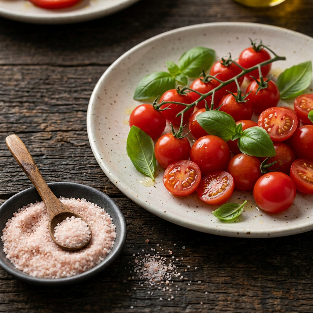 Anwendungsfoto für feines rosa Kristallsalz mit kleinen roten Kirschtomaten