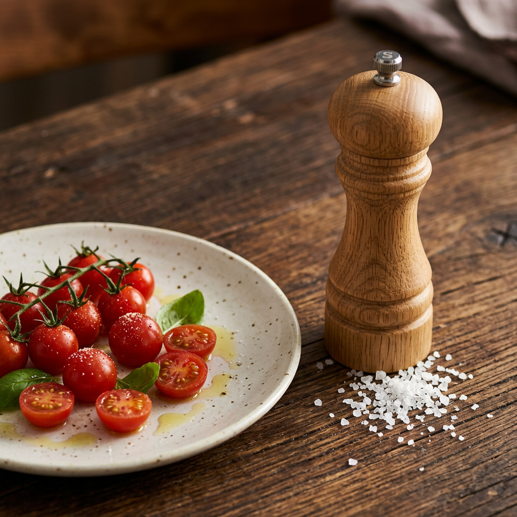 Anwendungsfoto für grobes Meersalz mit Holz-Salzmühle und kleinen roten Tomaten