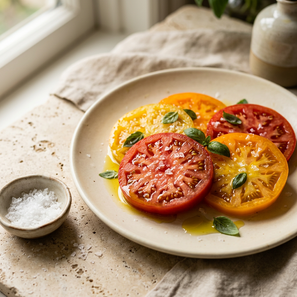 Fleur de Sel als Finish auf frischen Tomaten mit Olivenöl
