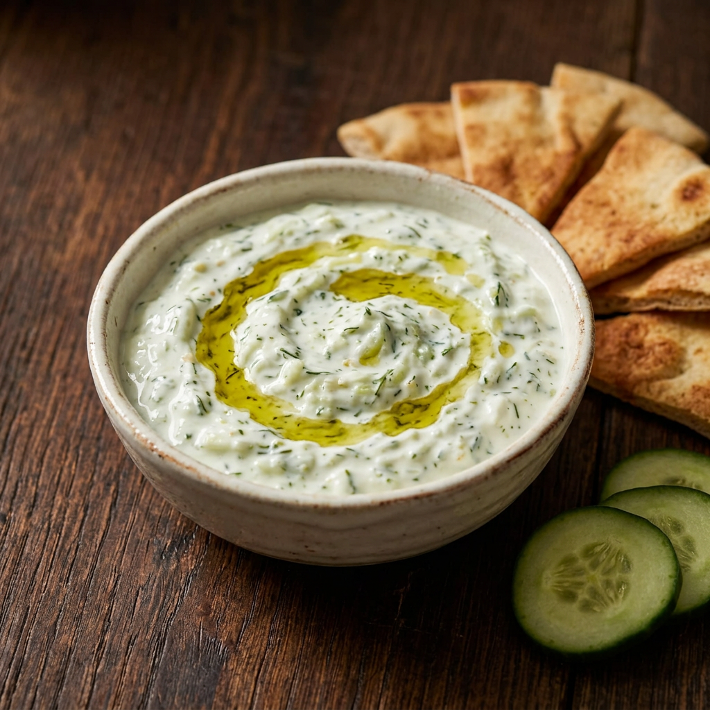 Cremiger Tzatziki-Dip mit Gurke und geröstetem Pitabrot
