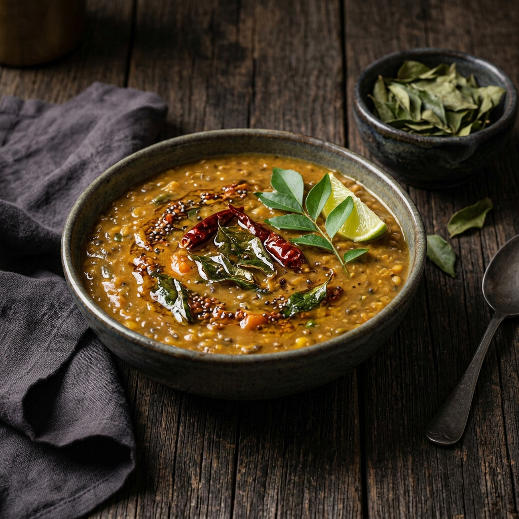 Goldgelber Linseneintopf mit Curryblättern, roten Chilischoten und Limette, daneben getrocknete Curryblätter in einer Keramikschale auf dunklem Holz