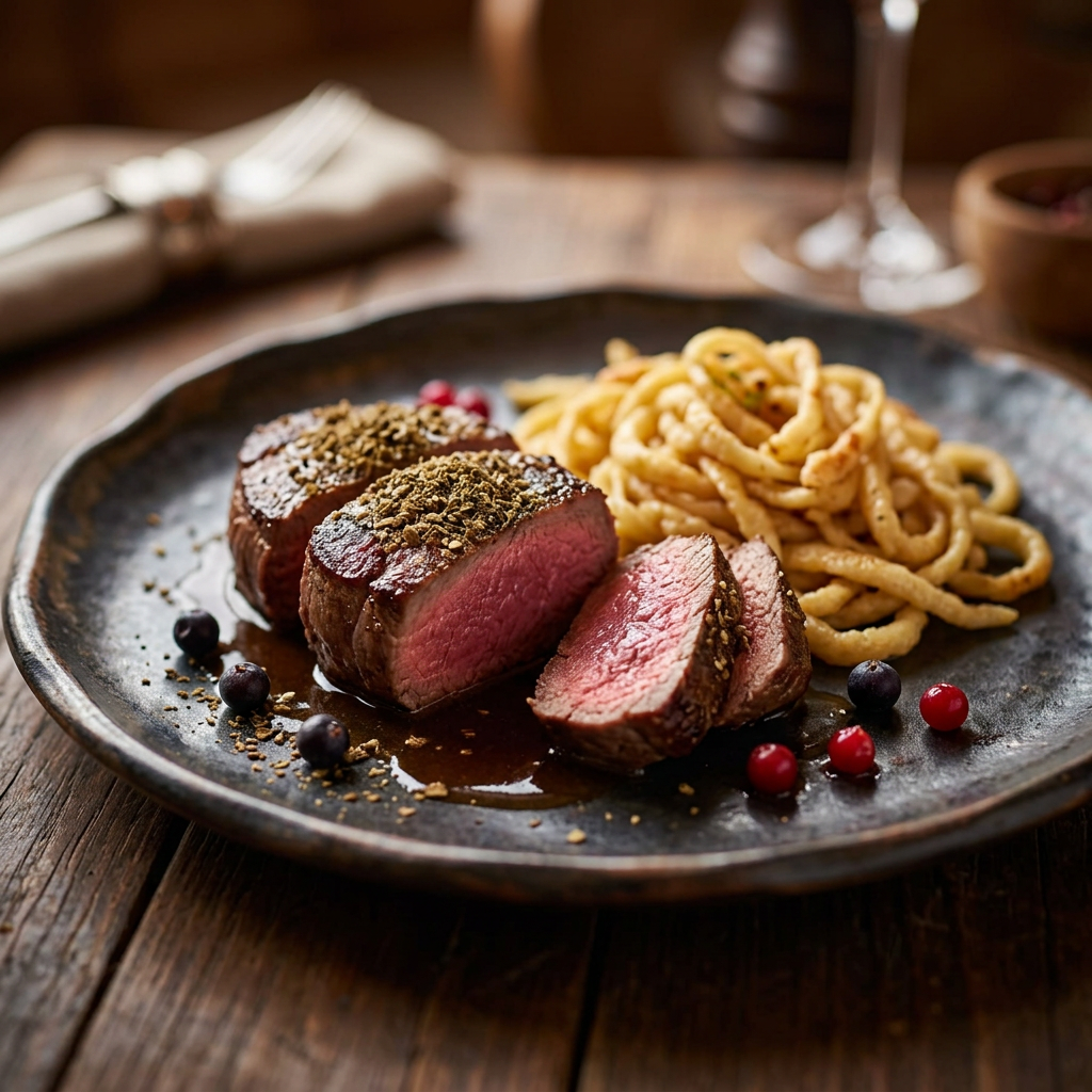 Hirschmedaillons mit dunklem Jus, Preiselbeeren und Spätzle
