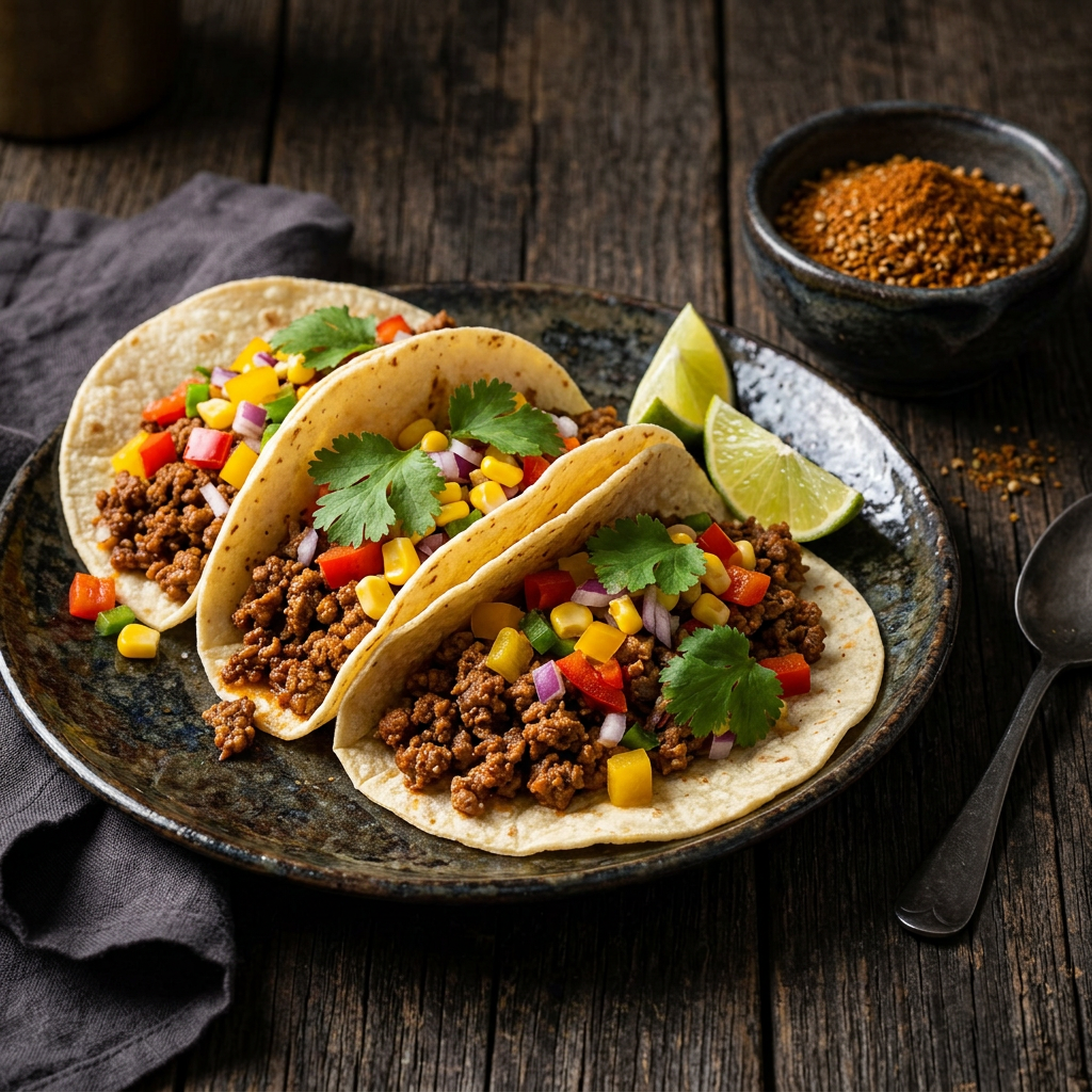 Tacos mit gewürztem Hackfleisch, Paprika, Mais und Koriander