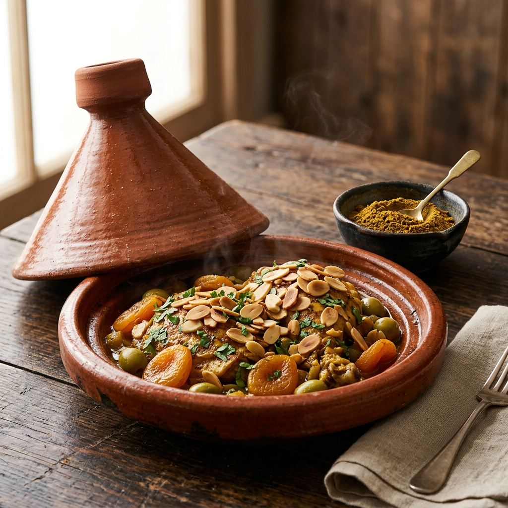 Marokkanisches Hähnchen-Tagine mit Aprikosen, Oliven und Mandeln