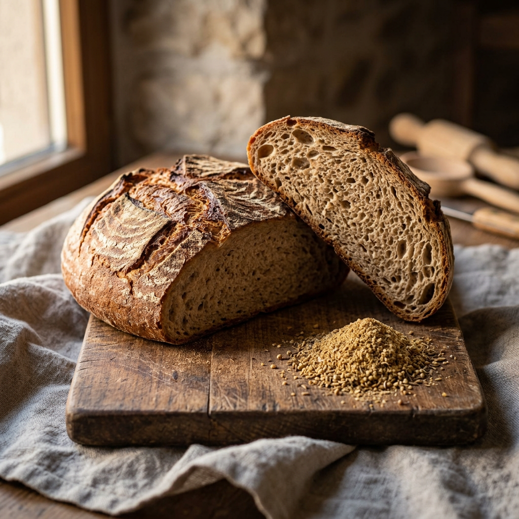 Krustiges Bauernbrot mit Brotgewürz auf Holzbrett