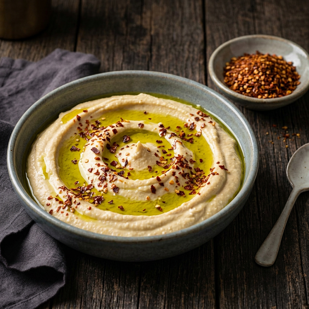 Cremiger Hummus mit Olivenöl und Aleppo-Chiliflocken auf einem rustikalen Holztisch
