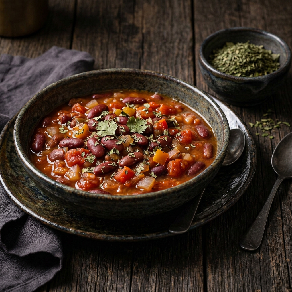 Bohnen-Tomaten-Eintopf mit Paprika und Korianderblättern in einer dunklen Keramikschale, daneben getrocknete Korianderblätter auf rustikalem Holz
