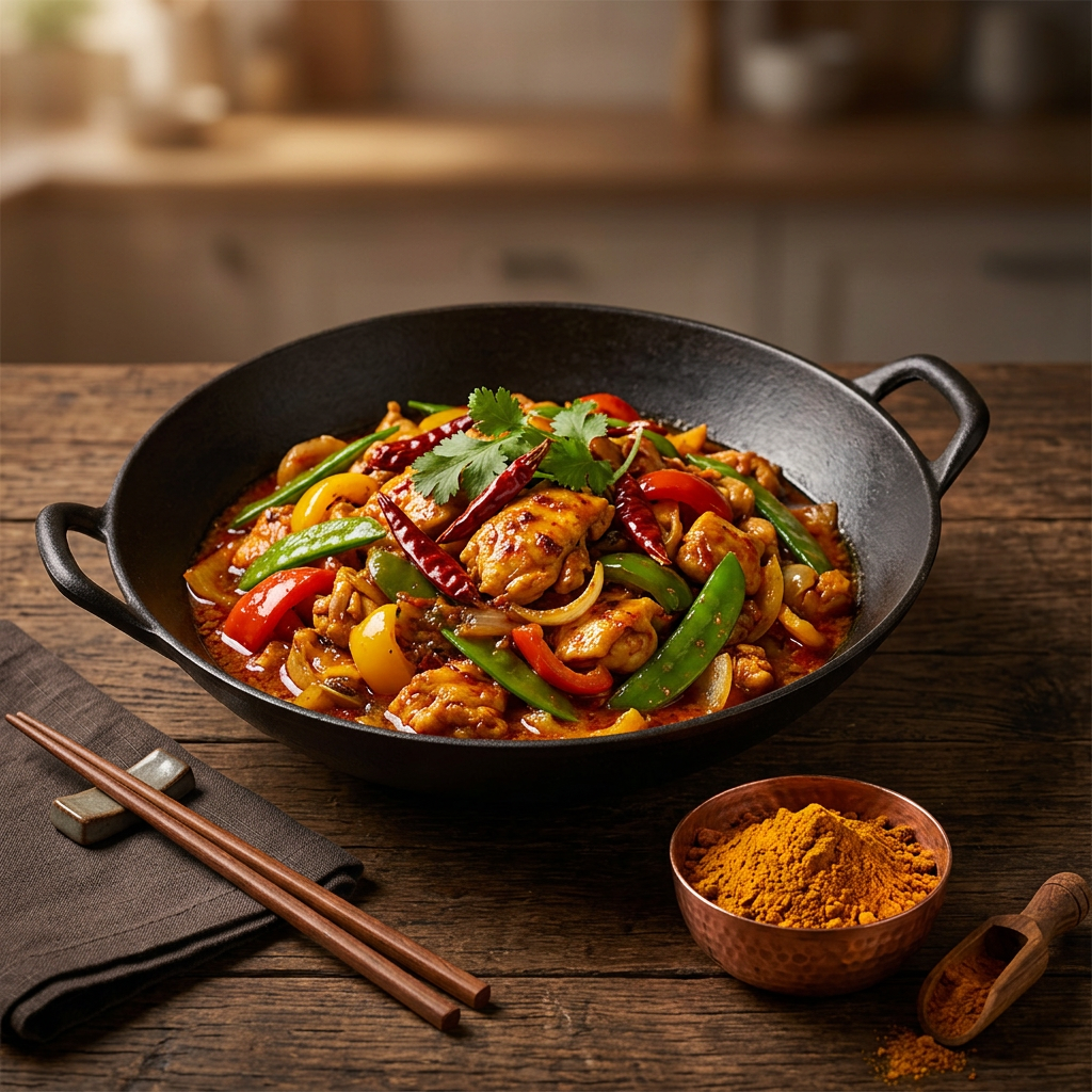 Feuriges Dragon-Curry mit Gemüse und Hähnchen aus dem Wok
