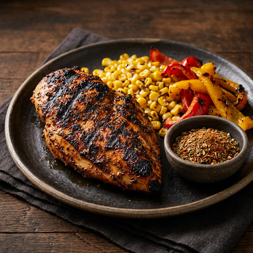 Cajun-Hähnchen mit Paprika, Maiskolben und Reis