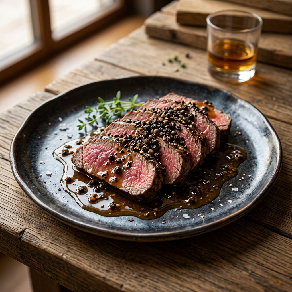 Gegrilltes Rinderfilet mit Whisky-Pfeffer und Pfefferjus