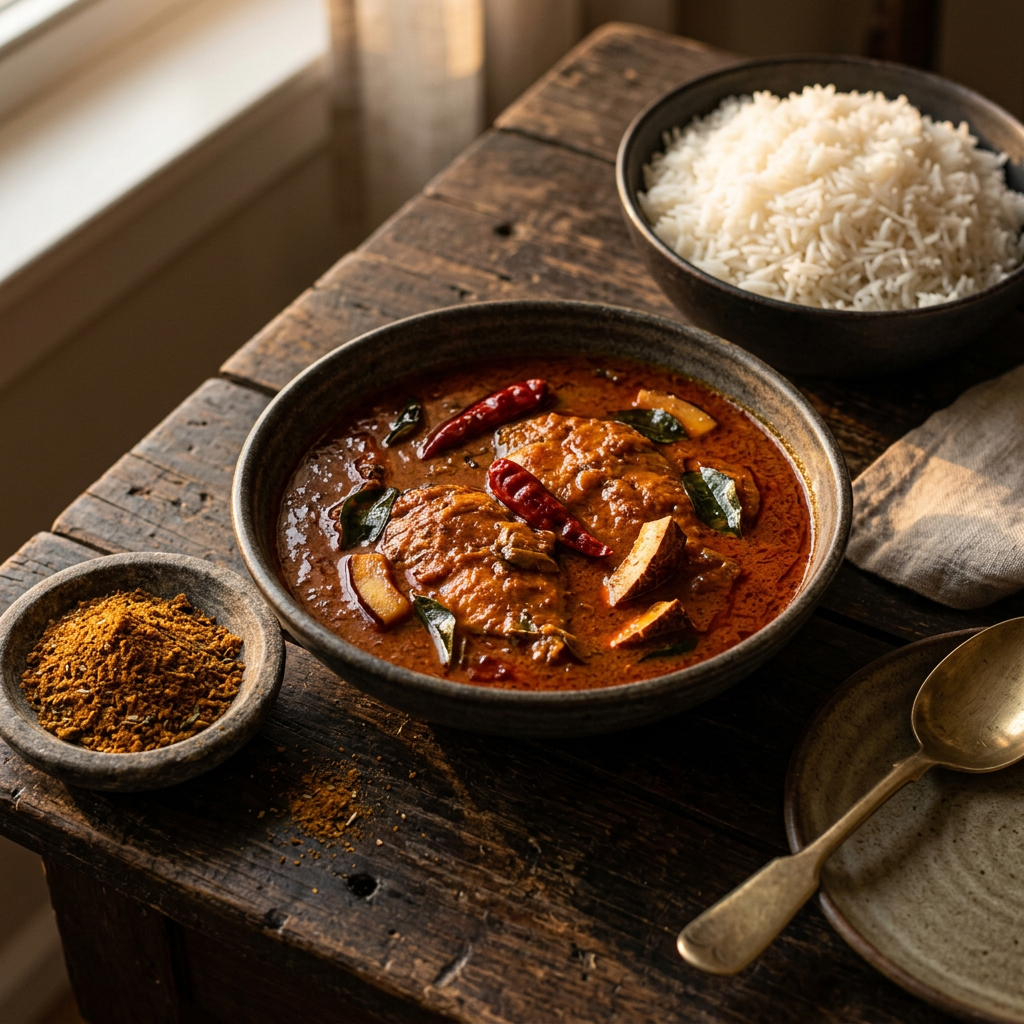 Scharfes Kerala-Curry mit Chilis und Curryblättern, dazu gedämpfter Reis