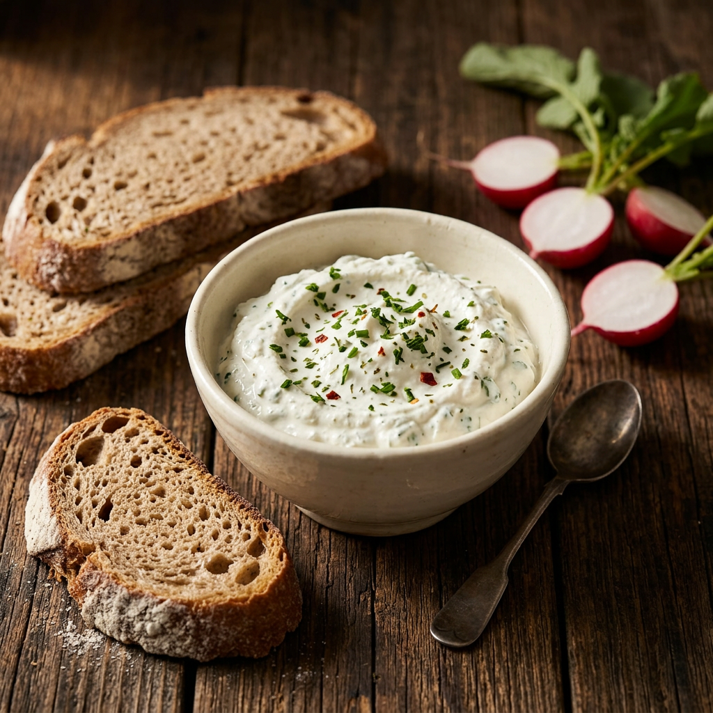Cremiger Kräuterquark-Dip mit Brot und Radieschen
