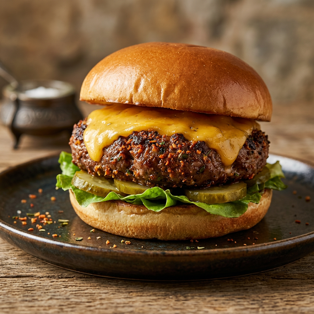 Rindfleischburger mit Burger-Spice-Würzung, Cheddar, Salat und Gurken im Brioche-Brötchen