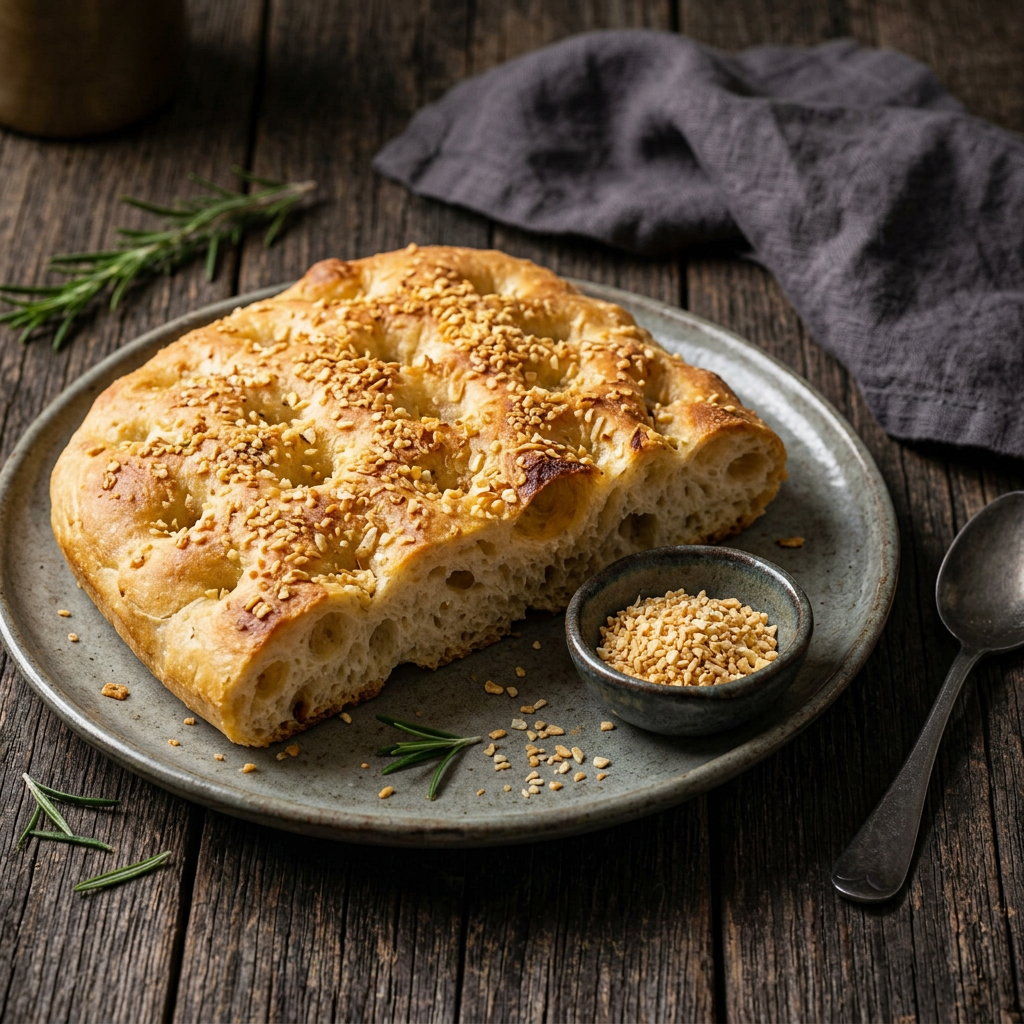 Goldbraune Focaccia mit groben Knoblauchstückchen auf einem Keramikteller, daneben getrockneter Knoblauch in einer kleinen Schale und Rosmarinzweige auf dunklem Holz
