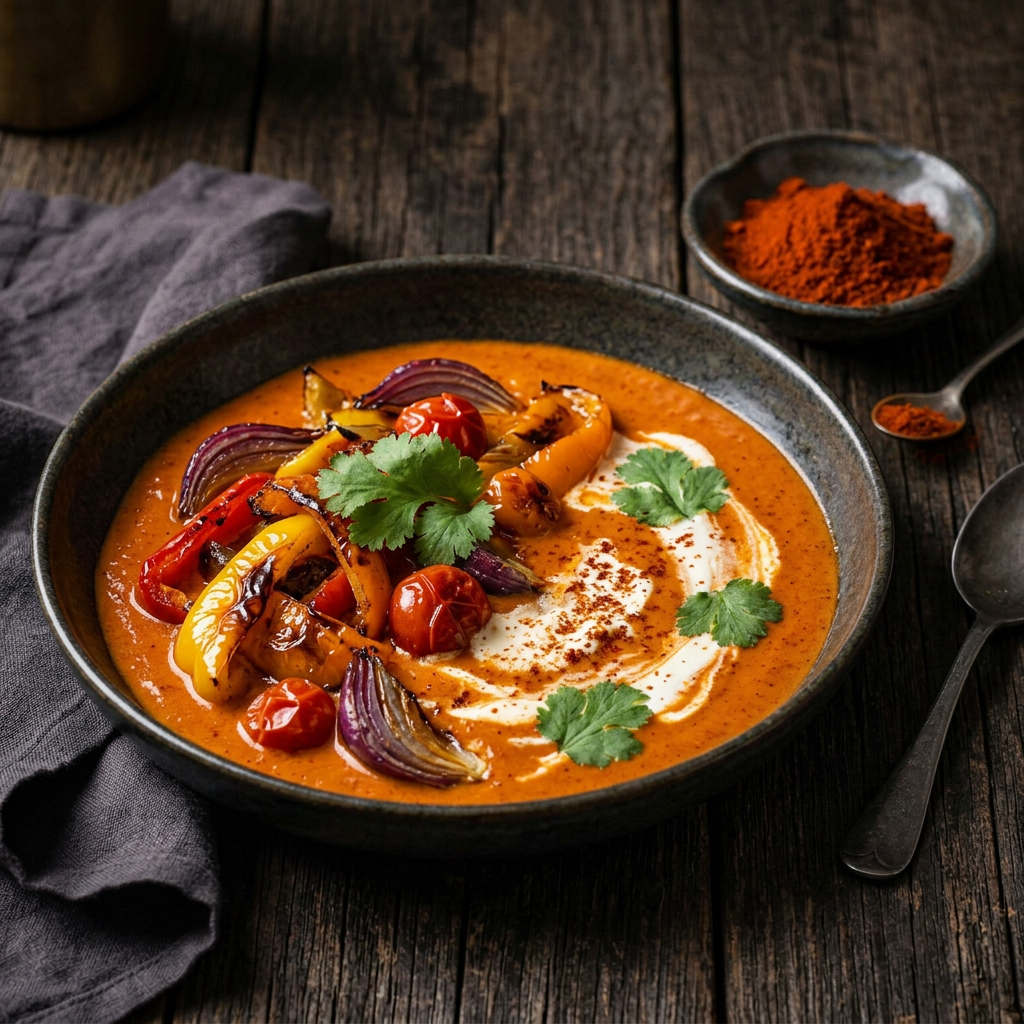 Cremige Paprikasuppe mit gerösteter Paprika, roten Zwiebeln und Kräutern, daneben mildes Paprikapulver in einer Keramikschale auf dunklem Holz