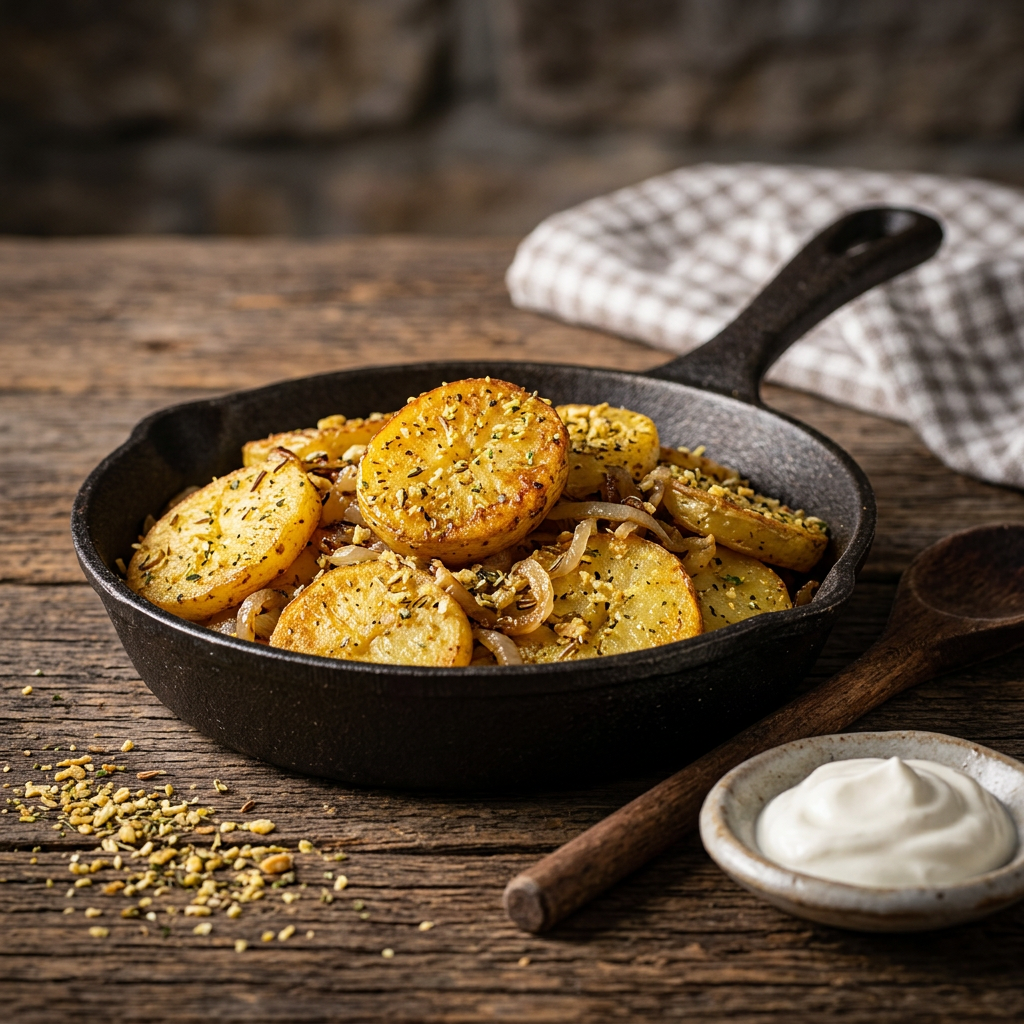 Knusprige Bratkartoffeln mit Röstzwiebeln in der Pfanne