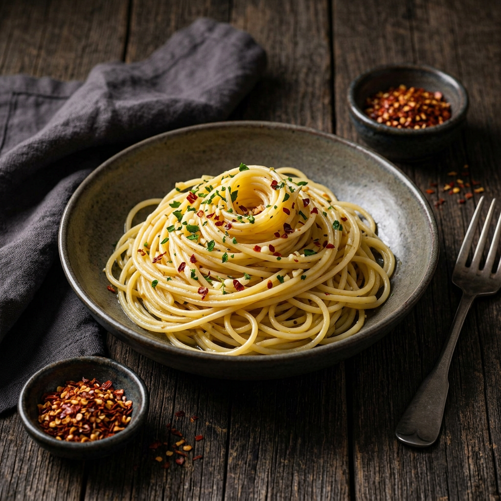 Knoblauchspaghetti mit roten Chiliflocken ohne Kerne auf einem rustikalen Holztisch