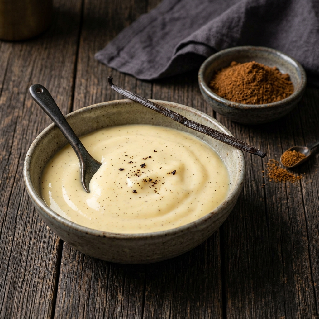 Cremiger Vanillepudding mit feinen Vanillepunkten in einer Keramikschale, darüber eine Vanilleschote und daneben gemahlene Vanille auf rustikalem Holz