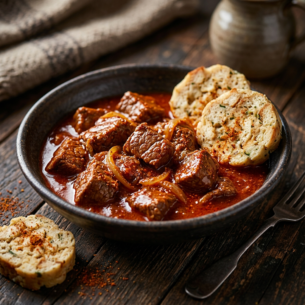 Rindsgulasch mit Paprikasauce und Semmelknödel