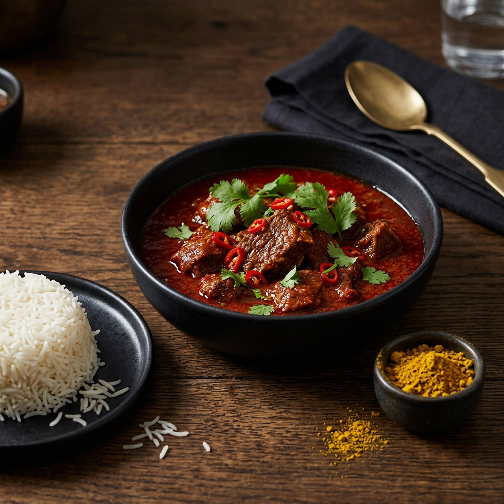 Tiefrotes Madras-Curry mit Rindfleisch und frischem Koriander, dazu Basmatireis