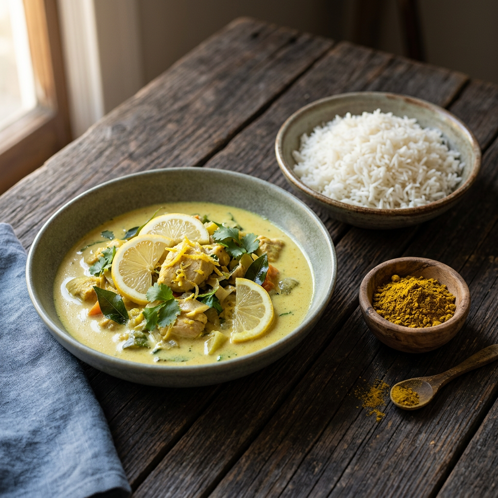 Frisches Zitronen-Curry mit Hähnchen und Limettenspalten in goldgelber Soße