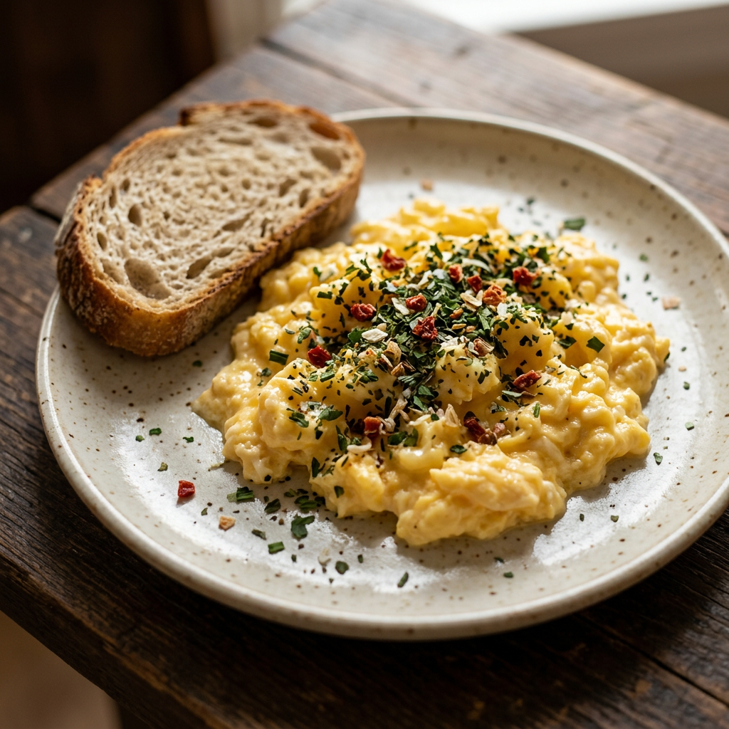 Fluffiges Rührei mit Kräuterwürzung und Scheibe Sauerteigbrot