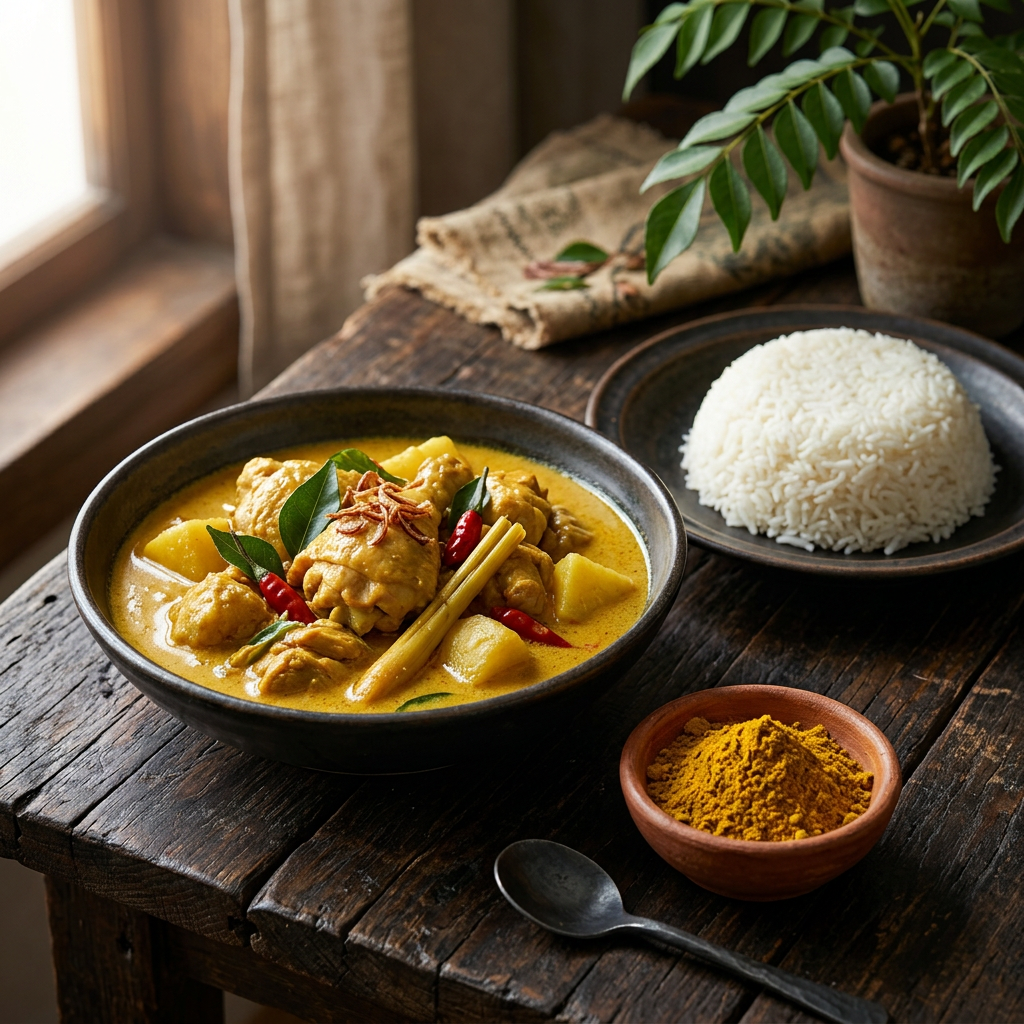 Malaysisches Kokoscurry mit Zitronengras, Kartoffeln und Hähnchen, dazu Jasminreis