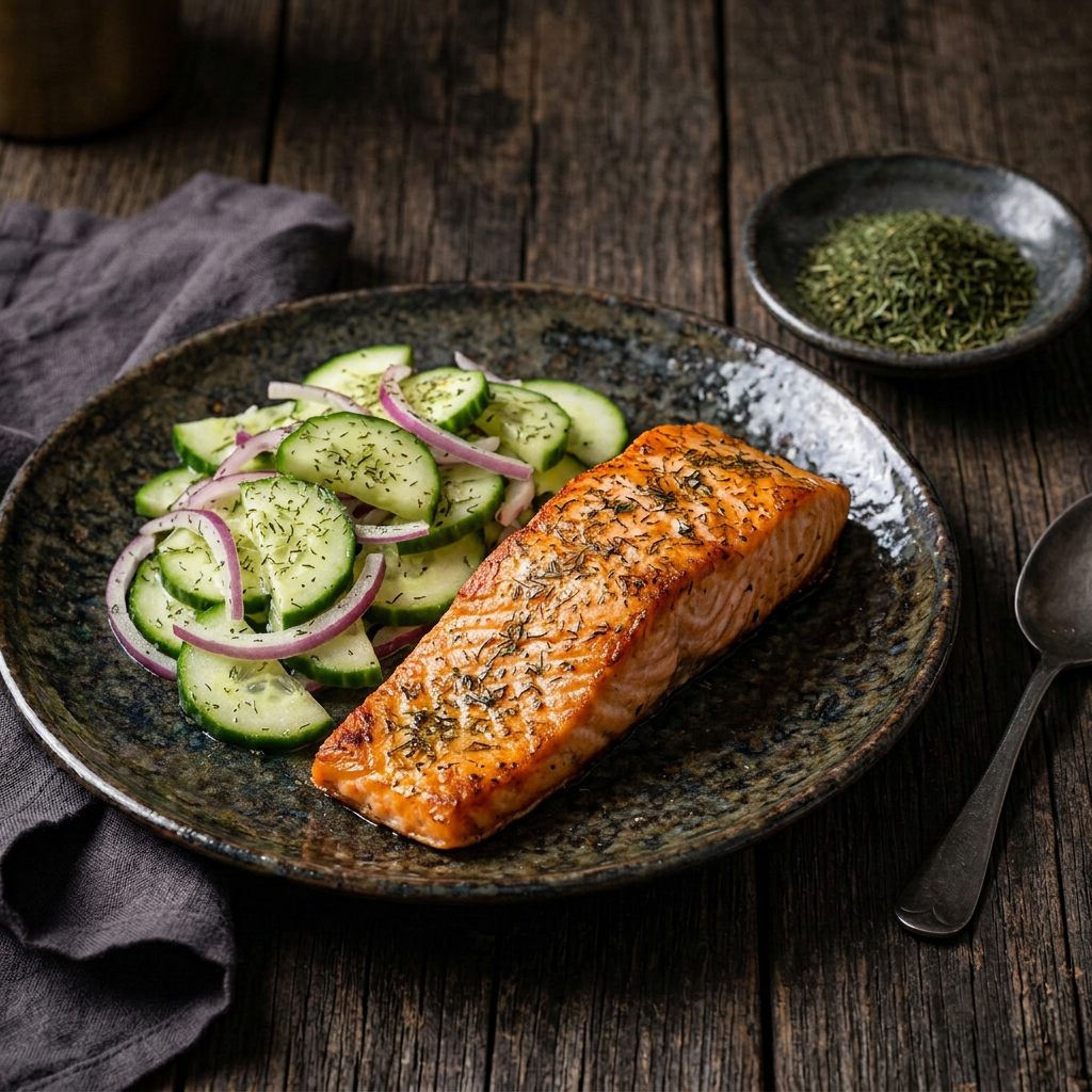 Gebratenes Lachsfilet mit Dill und Gurkensalat mit roten Zwiebeln, daneben getrockneter Dill in einer Keramikschale auf dunklem Holz