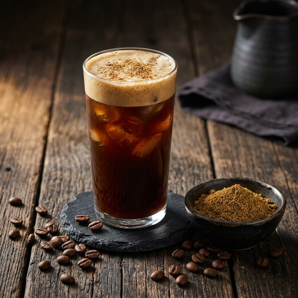 Eiskaffee mit Kardamom und Kaffeebohnen