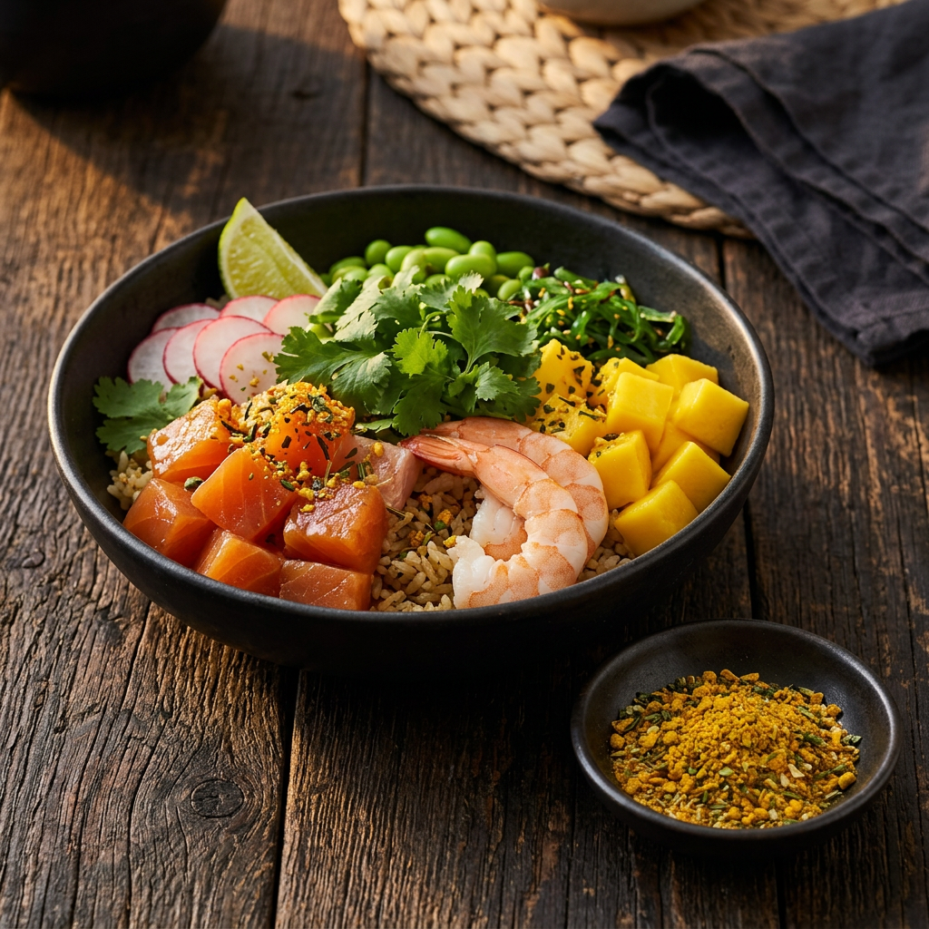 Südsee-Poké-Bowl mit Grauwels, Mango und Limette
