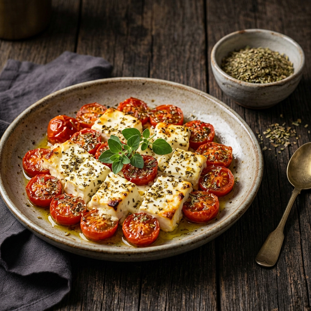 Goldbraun gebackener Käse mit gerösteten Tomaten und Oregano, daneben getrockneter Oregano in einer Keramikschale auf dunklem Holz