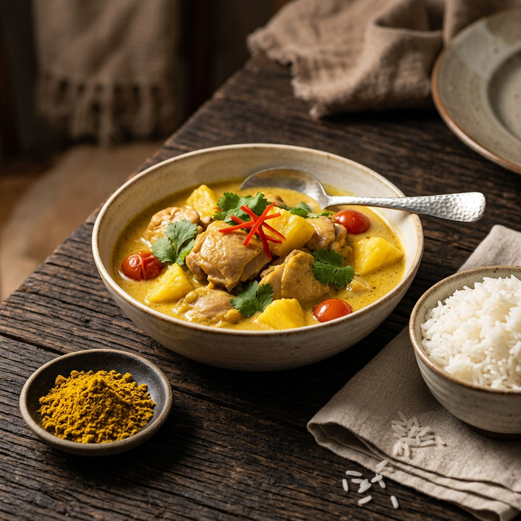 Ananas-Curry mit Hähnchen und Jasminreis