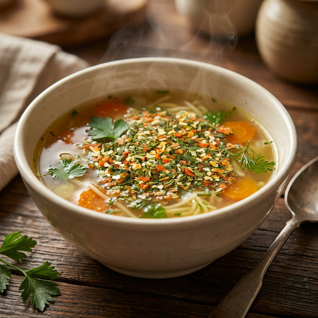 Klare Gemüsesuppe mit Karotten, Nudeln und Kräutereinlage