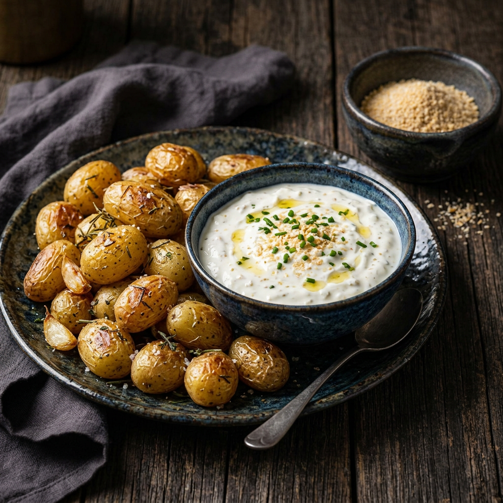 Goldbraune Ofenkartoffeln mit cremigem Knoblauchdip und Schnittlauch, daneben feiner getrockneter Knoblauch in einer Keramikschale auf dunklem Holz