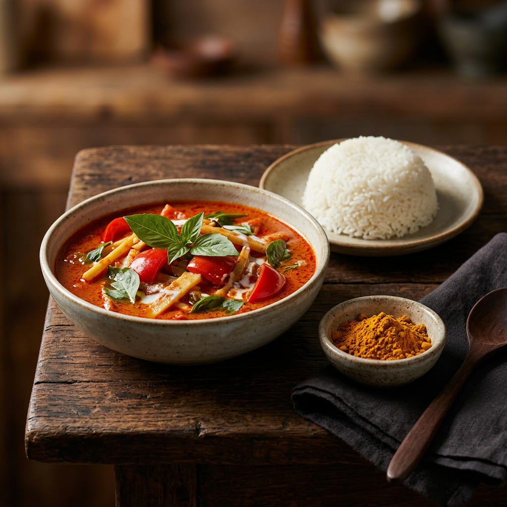 Rotes Thai-Curry mit Paprika, Bambussprossen und Thai-Basilikum, dazu Jasminreis