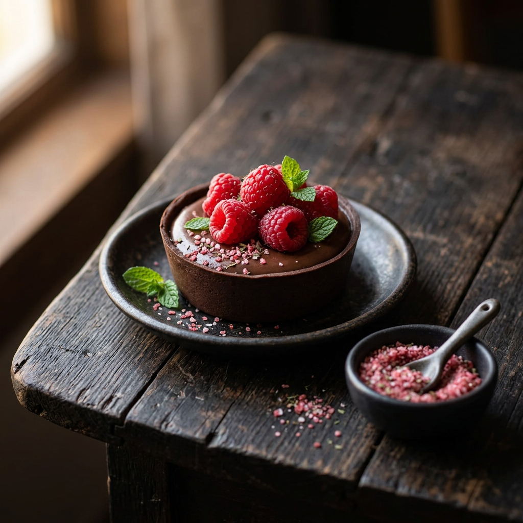 Schoko-Dessert mit frischen Himbeeren und Himbeer-Minz-Salz