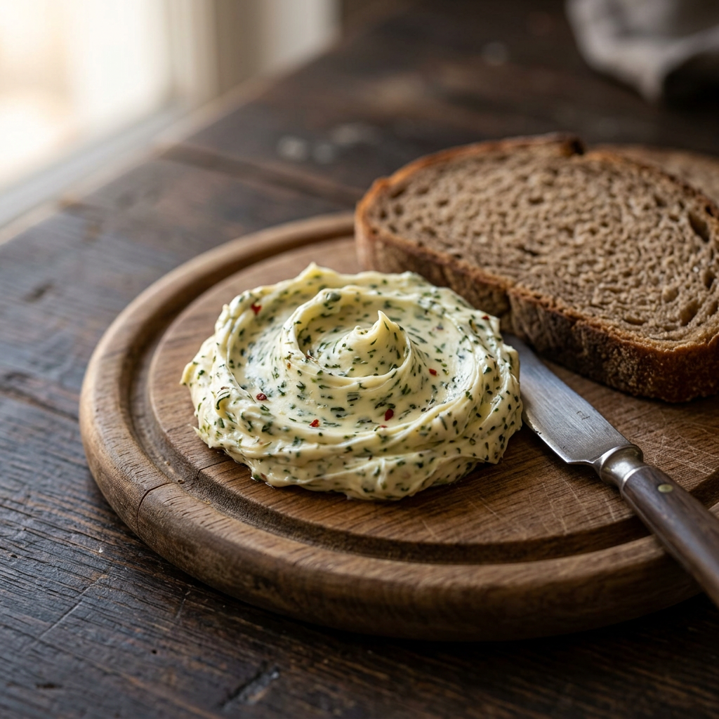 Kräuterbutter mit Kräuterflocken auf dunklem Bauernbrot
