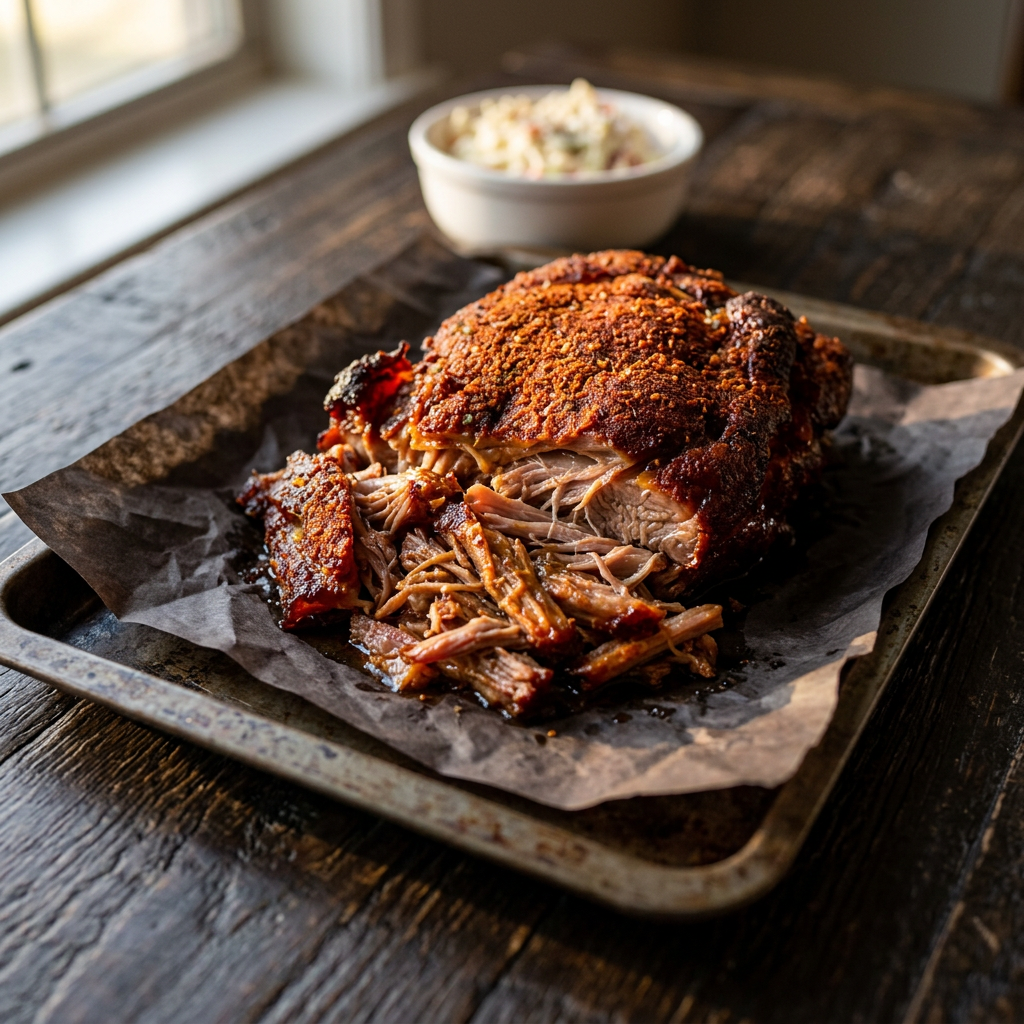 Saftiges Pulled Pork mit rauchiger Magic-Dust-Gewürzkruste und Coleslaw